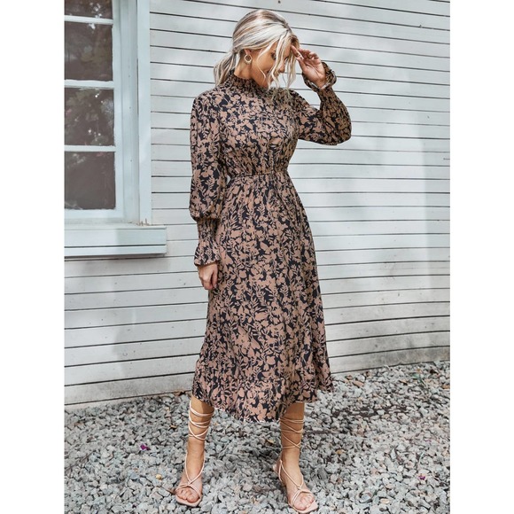 ❗️ Floral Print Shirred long Sleeve Ruffle Hem midi Dress tan black boho - Picture 4 of 7